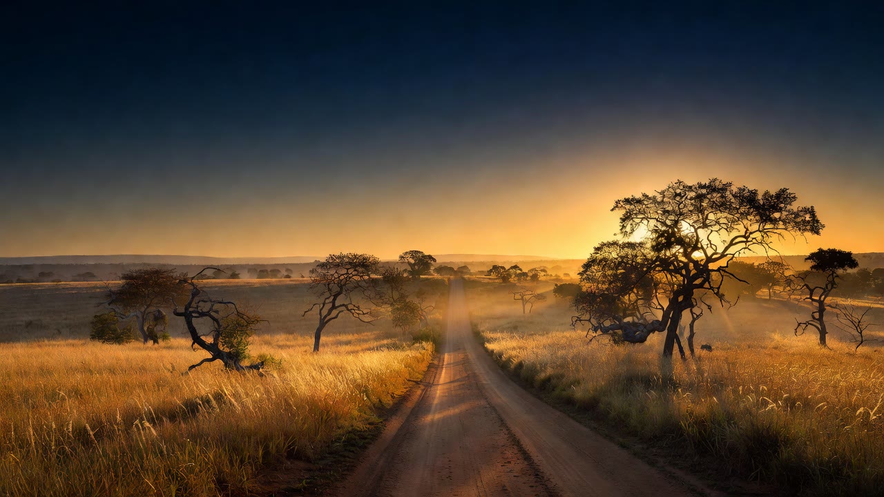 Estrada no cerrado levando ao horizonte ao nascer do sol